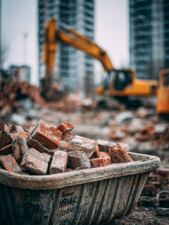 A worker's wheelbarrow brimming with concrete blocks stands amidst ongoing skyscraper development, with cranes and partially completed towers under a cloudy sky.の写真素材