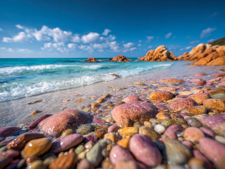 Vibrant, smooth stones shimmer in the sunlight along a tranquil shoreline, with gentle ocean waves and a clear blue sky creating a calming seaside scene.の写真素材