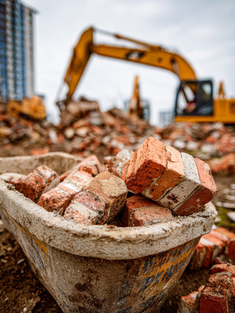 Weathered bricks spill over a sturdy container, while a yellow machine demolishes a structure behind; overcast skies add a somber, gritty atmosphere.の写真素材