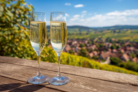 A pair of shimmering wine flutes rest on a rustic wooden surface, with a charming hilltop village and vibrant nature stretching into a bright blue sky behind.の写真素材