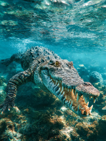 A massive crocodile glides silently through pristine azure depths, over rugged rocks that hint at a wild, untouched aquatic environment.の写真素材