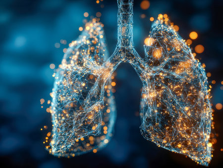 A futuristic visualization of lung anatomy, featuring luminous network patterns that depict respiratory pathways and cutting-edge medical advancements.の写真素材