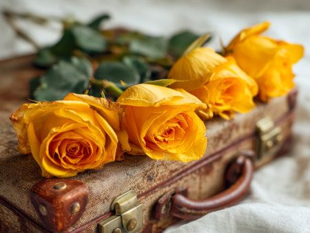 An antique travel case featuring aged leather grips hosts a cheerful cascade of bright yellow roses, evoking timeless elegance and vintage charm on a soft fabric bacの写真素材