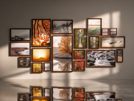 An eclectic array of vibrant landscape prints showing casing fall colors, flowing waterways, calming sunsets, and tranquil outdoor views arranged on a stylish wall.の写真素材