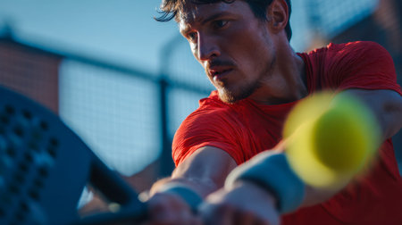 A determined man in a vibrant red shirt lunges to strike the ball during an intense outdoor paddle...
