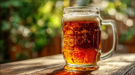 Sunlit warmth highlights a chilled, effervescent drink in a clear mug, resting on weathered wood, with lush greenery softly blending into the background.の写真素材