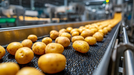 Brightly colored potatoes glide smoothly on a sleek conveyor system within a state-of-the-art facility, highlighting advanced automation in food production.の写真素材