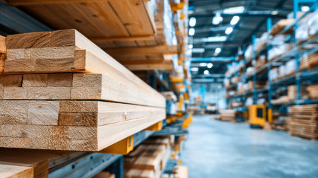 Brightly lit warehouse houses neatly arranged wooden boards in metal shelving units, capturing an organized workspace ideal for carpentry and construction projects.の写真素材