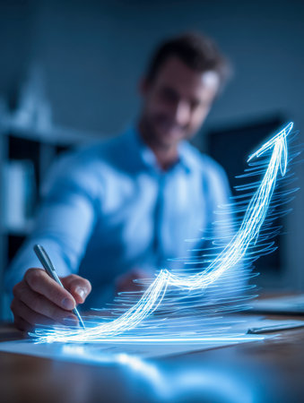 A focused professional pores over a digital tablet, illuminating an innovative upward trajectory icon that embodies advancement, innovation, and achievementの写真素材