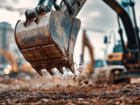 Large excavator operation in an active city construction zone, with soil cascading from the mechanical scoop amidst overcast skies and bustling development activity.の写真素材