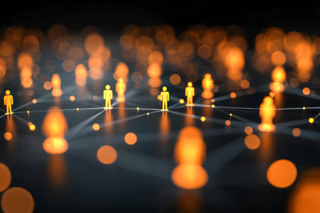 Neon human silhouettes connected by luminous lines, symbolizing digital interaction and community building in a sleek, modern visual on a dark backdrop.の写真素材