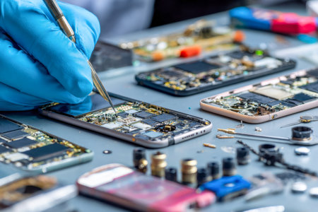 A technician meticulously works on various smartphone components, using fine precision tools amid a cluttered workspace of circuitry and electronic parts.の写真素材