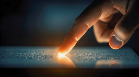 A lone hand reaches out to a luminous digital display in shadows, embodying cutting-edge interface design and the seamless blend of human touch with futuristic tech.の写真素材