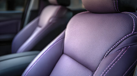 Plush purple leather upholstery with intricate stitching highlights elegance and refinement,...