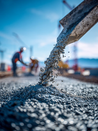 Workers in safety helmets and vests guide liquid concrete into a mold as towering cranes and a bright sky set the scene of active building progress.の写真素材