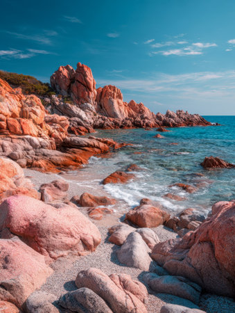 A serene shoreline with striking red cliffs plunging into crystal-clear turquoise waters, basking under a cloudless azure sky on a tranquil, sunny day.の写真素材