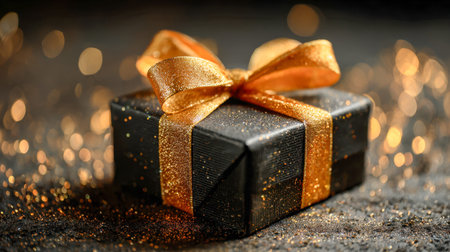 A luxurious gift box in sleek black, decorated with a radiant gold bow, set amidst shimmering...