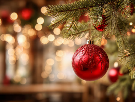 A vibrant holiday decoration accented with shimmering accents, dangling from a pine branch amid cozy, flickering lights that create a warm festive atmosphere.の写真素材