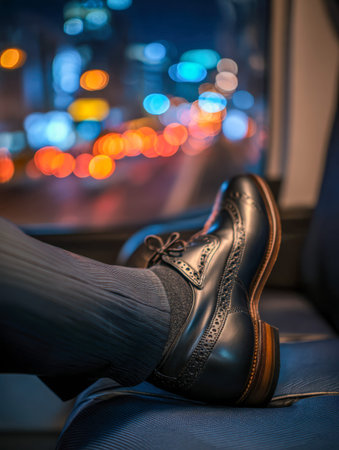 Stylish leather footwear lounges on a train seat, with vibrant city lights shimmering softly behind,...