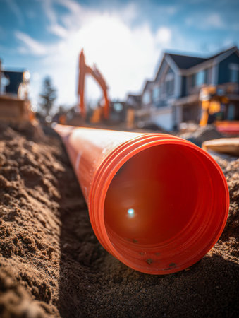 Bright orange pipe rests in a deep trench amid a lively residential neighborhood, with homes and construction vehicles under clear daylight.の写真素材