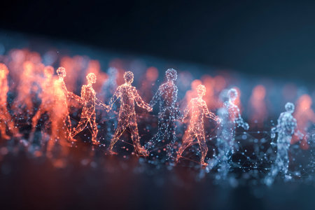 A dynamic scene of luminous human silhouettes linked through intricate digital threads, illustrating the essence of interconnectedness, technological evolution, andの写真素材