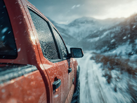 A vibrant red vehicle navigates a rugged mountain trail blanketed in fresh snow, with droplets clinging to the glass, evoking thrilling winter exploration amid majesの写真素材