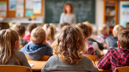 Diverse teenagers engage eagerly as a teacher presents in a sleek, well-lit classroom filled with...