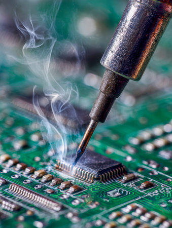 A close-up of a precision soldering tool creating connections on an intricate circuit board, with...