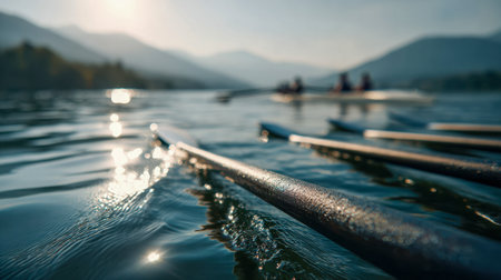 Sunlit reflections dance on tranquil lake waters as polished wooden oars glide smoothly, with distant mountains softly framing an idyllic outdoor escape.の写真素材
