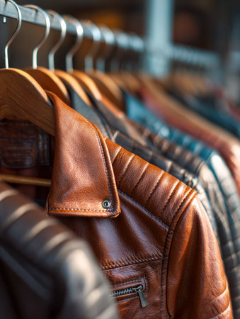 A vibrant display of diverse leather outerwear, each piece highlighting unique hues and textures, inviting trendsetters to explore sophisticated fashion options.の写真素材