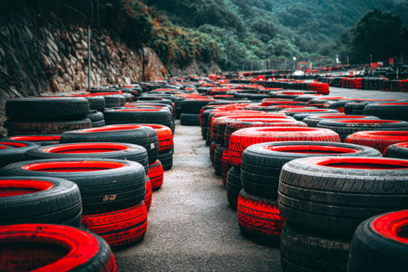 A row of dark rubber tires with crimson edges curves along a mountain trail, framed by lush forests,...