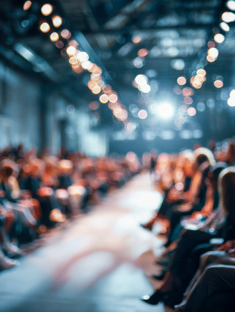 A lively runway scene with bustling attendees flanking the catwalk, illuminated by glittering ceiling fixtures that enhance the energetic, glamorous ambiance.の写真素材