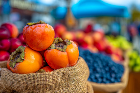 Bright orange persimmons are piled in a textured burlap bag, set against a lively market scene filled with a rainbow of fruits and fresh vegetables in soft focus.の写真素材