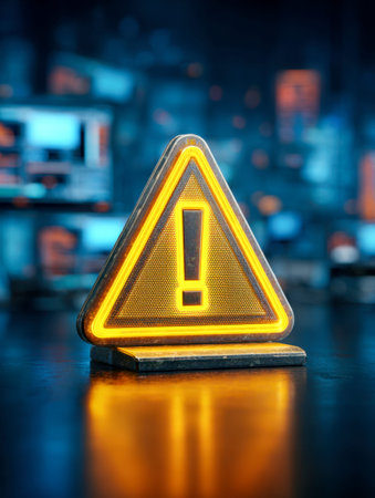 A vivid yellow warning marker shines brightly, its exclamation mark radiating an intense glow on a...