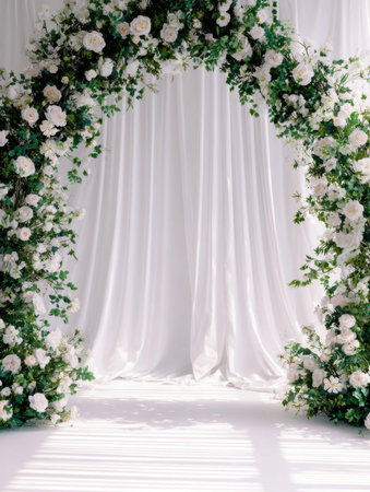 A pristine white floral structure adorned with vibrant foliage and tender roses, complemented by...