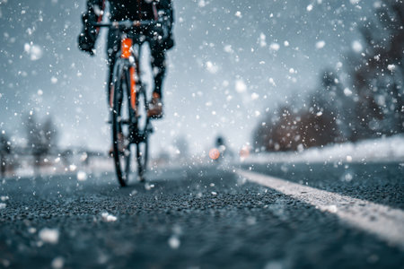 A lone rider navigates a frost-covered path beneath a relentless snowfall, with glistening wet pavement contrasting against the softly blurred winter panorama.の写真素材