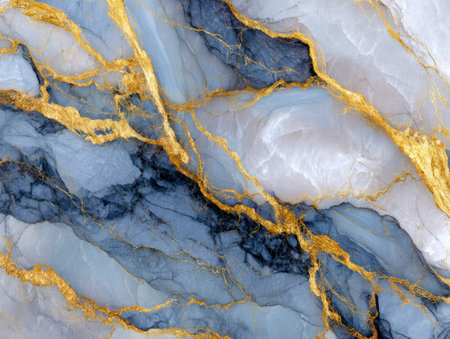 A rich, opulent surface featuring a deep blue and pristine white marble blend with delicate golden streaks, evoking elegance and artistic refinement for stylish interiorの写真素材