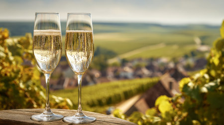 Two refined glasses of bubbly rest on aged wood, capturing sunlight that highlights a scenic vineyard and a picturesque village nestled in rolling hills.の写真素材