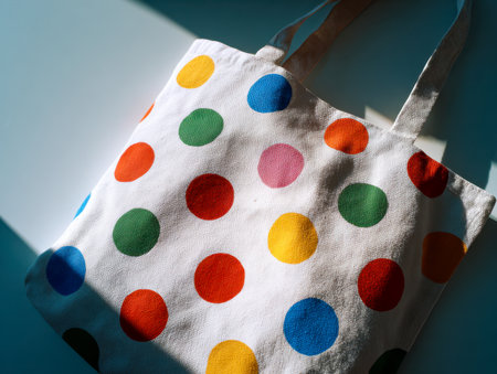 A cheerful tote featuring vibrant polka dots, basking in sunlight on a plain white background, creating gentle shadows that highlight its playful style.の写真素材