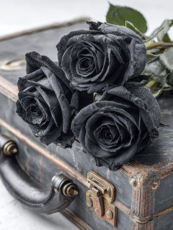 A trio of velvety black roses, shimmering with morning dew, delicately arranged atop a timeworn...