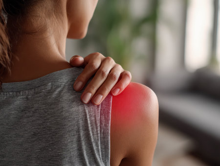A woman in a casual sleeveless top gently supports her shoulder, highlighting a tender red patch that suggests soreness, set against a softly lit indoor backdrop.の写真素材