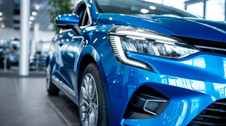A vibrant blue hatchback with aerodynamic lines, highlighted by innovative headlight design and polished alloy wheels, set against a luminous showroom backdrop.の写真素材
