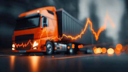 An illuminated orange trailer streaks through darkness, overlaid with a vibrant digital chart representing industry expansion and shifting economic patterns.の写真素材