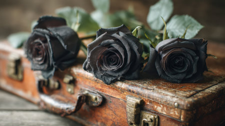 A somber arrangement of ebony roses rests gently atop an aged leather-bound trunk, evoking a sense of timeless elegance and tender melancholy.の写真素材