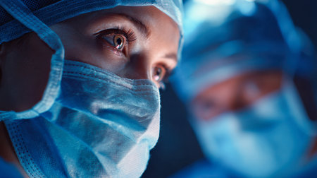 A vigilant female medical professional concentrates intently during surgery, dressed in protective gear with a surgeon in the backdrop within a sterile operating envの写真素材