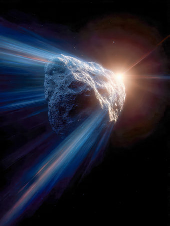A vivid digital scene depicts a speedy icy celestial body streaking past a luminous sun, leaving...