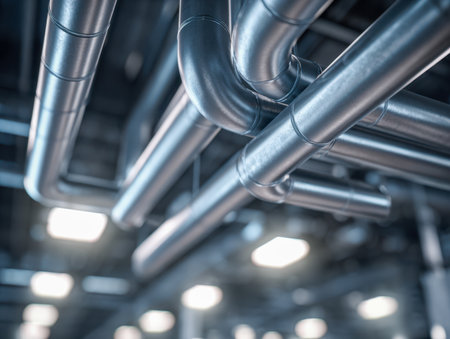 In a sleek, contemporary commercial space, a network of shiny metallic ducts and connectors hang from above, ensuring optimal airflow and climate control.の写真素材
