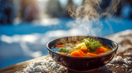 A cozy, aromatic soup filled with vibrant vegetables and fresh herbs, presented in a textured ceramic bowl on a snowy wooden table basking in crisp winter sunlight.の写真素材
