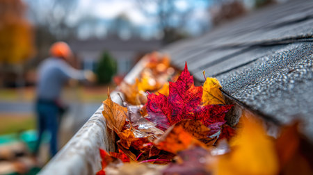 A cozy neighborhood setting in fall, with vibrant leaves gathering in a home's gutter while a person...