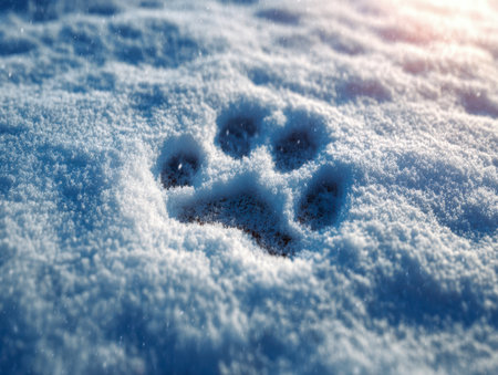 An intricate animal track pressed into crisp, shimmering snow, illuminated by gentle sunlight that enhances the peaceful, frosty winter scenery's calm and cold ambiaの写真素材
